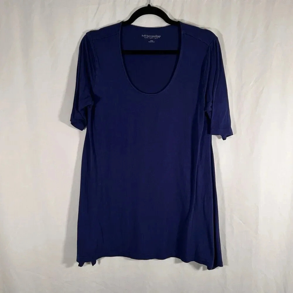 Soft Surroundings Blouse Women's Large Solid Blue Round Neck Short Sleeve